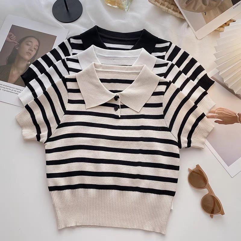 Áo len mongtoghi polo dệt kim nữ tay ngắn dáng rộng kiểu cổ bẻ kẻ sọc ngang phong cách hàn Quốc trẻ trung