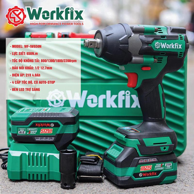 Máy Siết Bulong Workfix 650N.m 2 Pin 21V/4Ah PLUS - IW650NBL - Lực Siết 650N mở ốc lớn  - 4 Cấp Tốc Độ - Motor Brushless - Chân Pin Phổ Thông PLUS - Bảo Hành Chính Hãg 6 Tháng