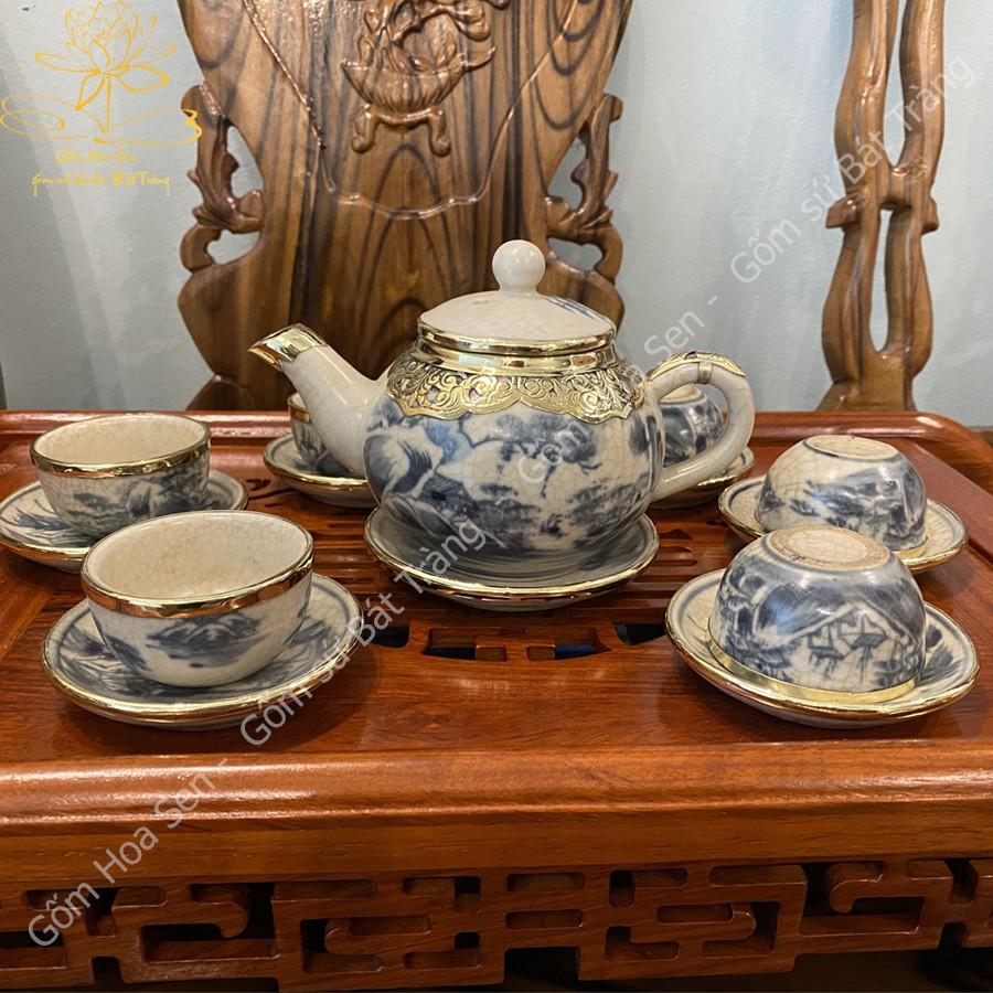 Bộ Ấm Chén Dáng Quả Hồng Men Rạn Giả Cổ Bọc Đồng