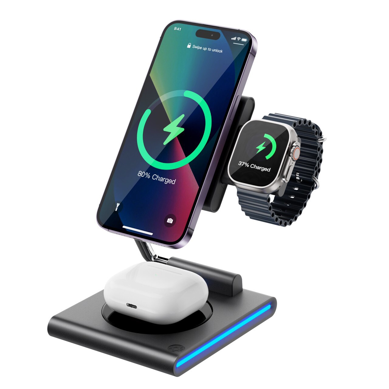 Dock sạc không dây Wiwu Geek 3 in 1 Wireless Charger Wi-W023 15W cho điện thoại, đồng hồ, tai nghe thiết kế di động và có thể gập lại, với ánh sáng xung quanh - Hàng chính hãng