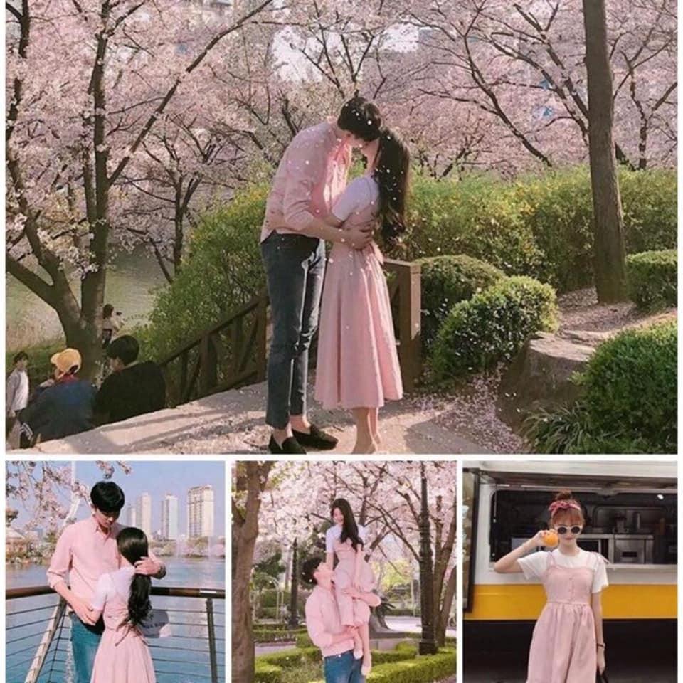 Đồ đôi nam nữ Hàn Quốc Set váy nữ sơ mi nam cặp thời trang thu đông đẹp màu hồng AV178