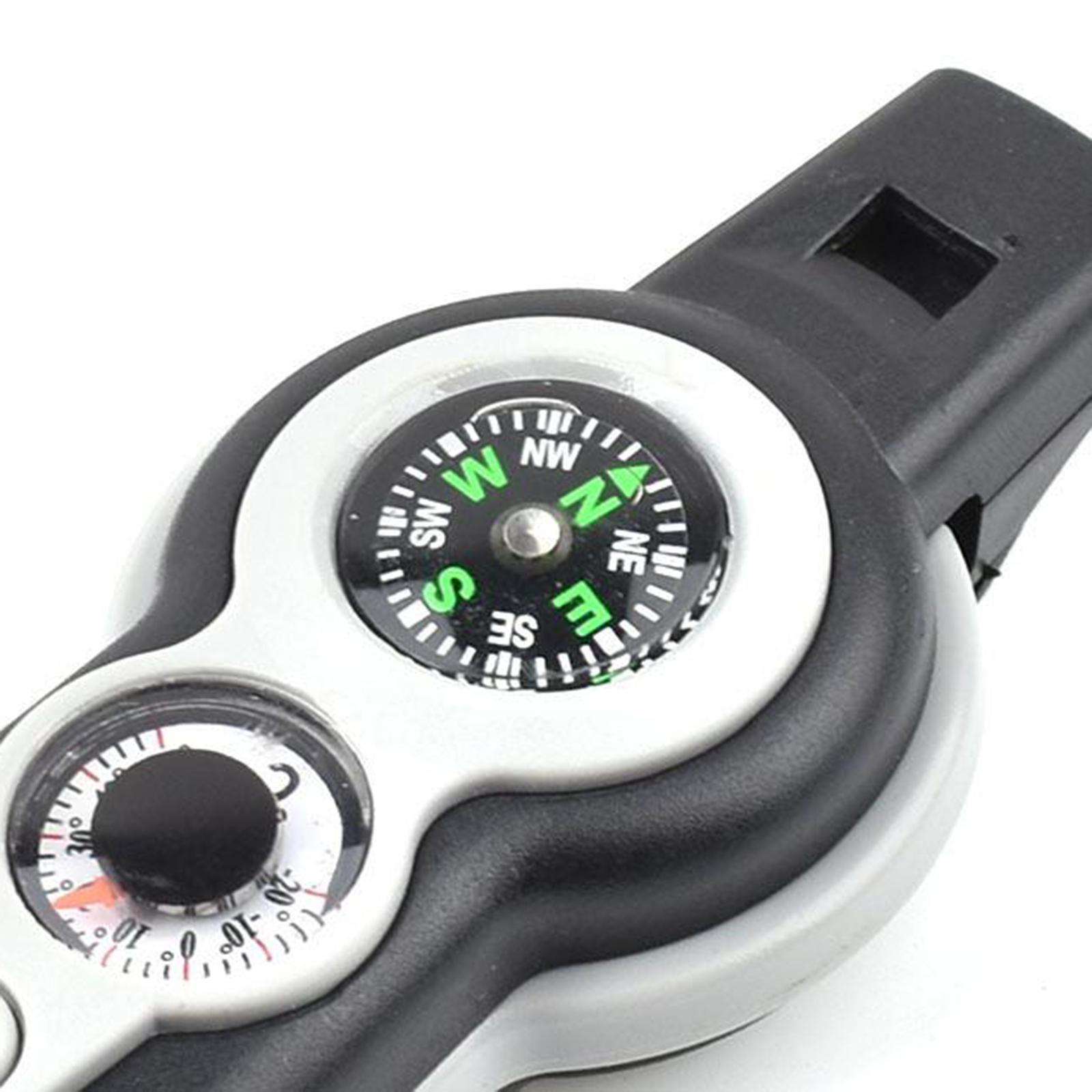 Emergency Whistle,7-in-1 Tool, Survival Flashlight Mirror with Storage,Hiking Compass,Camping Thermometer,Magnifier Mirror for Survival Compass