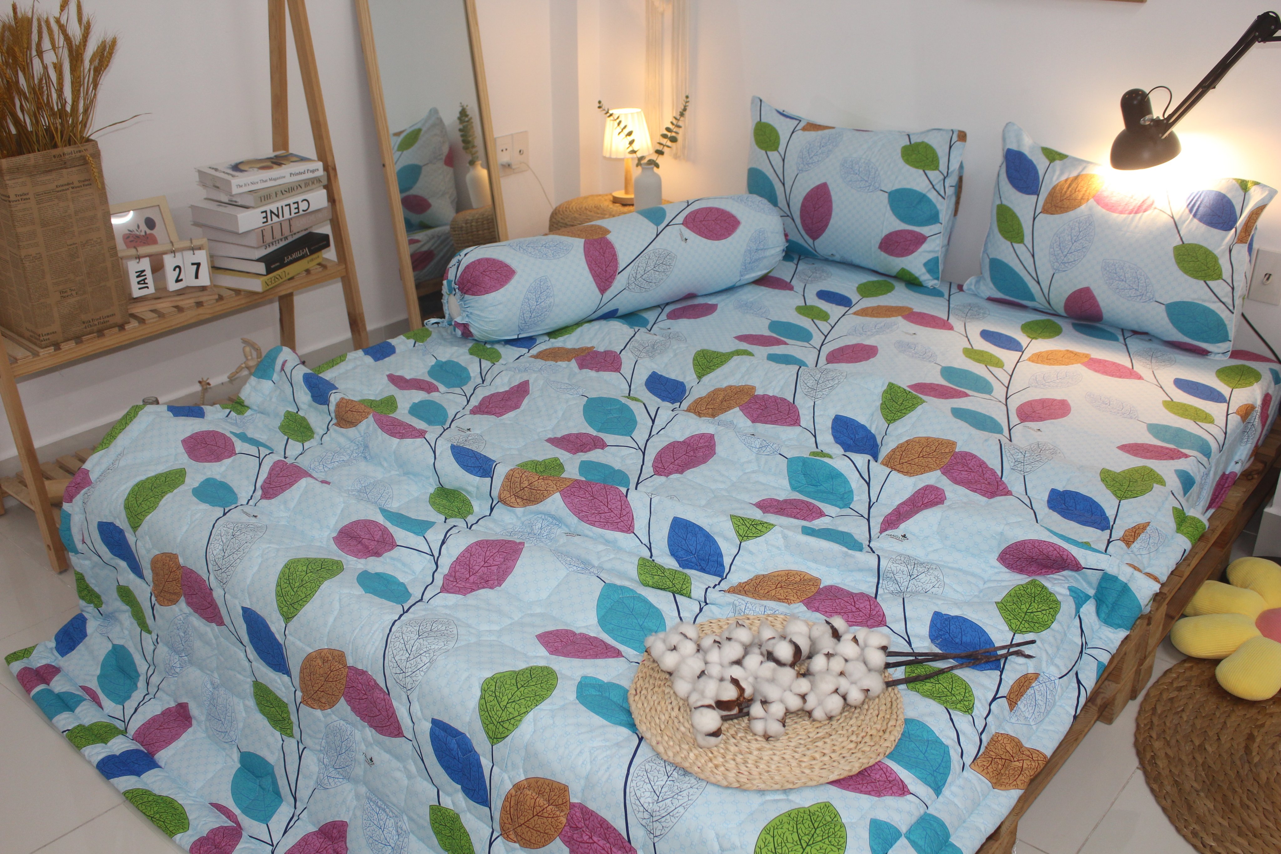 Bộ Drap Gối Cotton -Mẫu Lá Dây Nền Xanh vải dày dặn, mát mẻ, siêu thấm mồ hôi