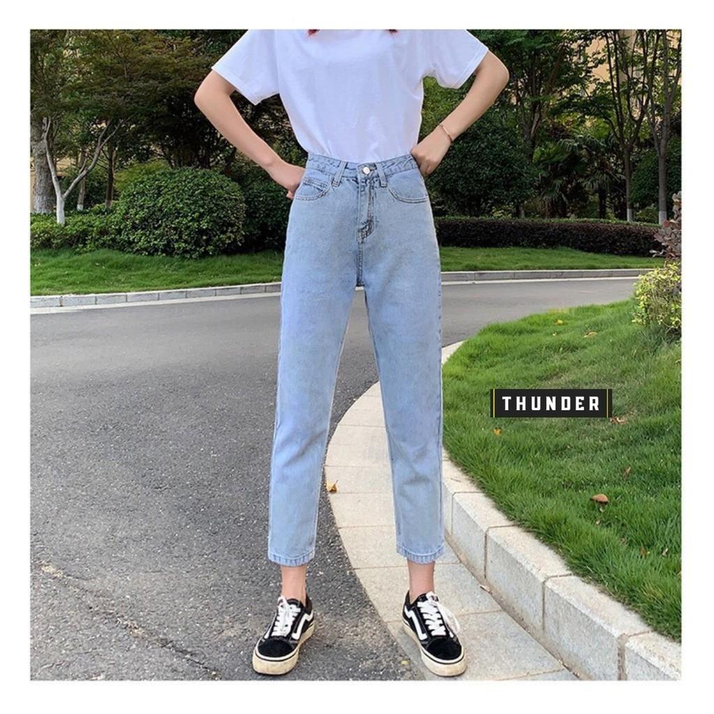 Quần Jean Nữ Dáng Baggy Thunder Unisex Cạp Lưng Cao Trơn, Ống Xuông, Rộng, Ulzzang Hàn Quốc, Co giãn