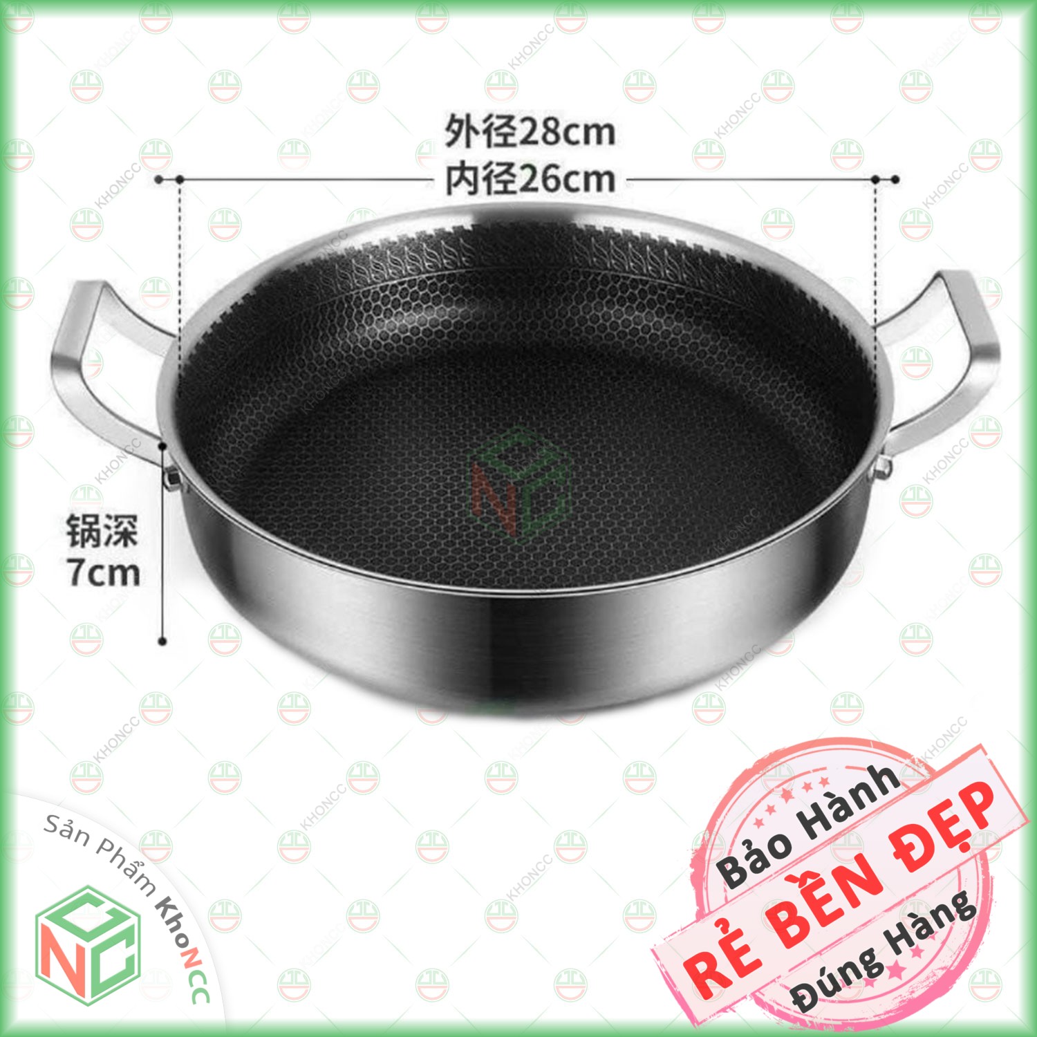 (Cực Dày) Chảo Chống Dính Vân Tổ Ong KhoNCC Hàng Chính Hãng - 2 Quai Tay Cầm - Đường Kính Cỡ 28cm - Dày Dặn Dùng Các Loại Bếp Kể Cả Bếp Từ - KLM-CCD2Q28CM