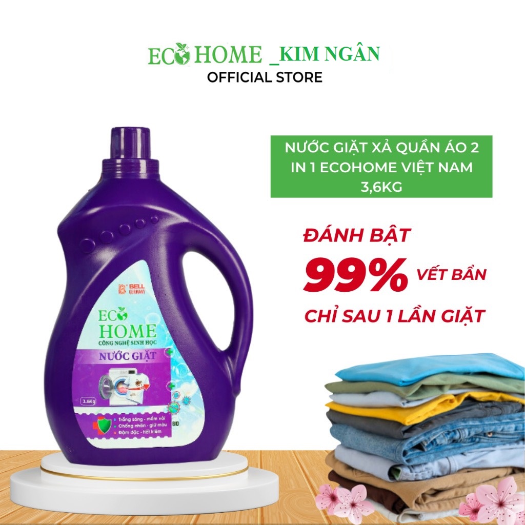 Nước Giặt Xả Quần Áo 2 In1 Công Nghệ Sinh Học ECOHOME 3,6KG Hương Thơm Mát Can Tím Làm Sạch Khử Mùi Hôi Ngừa Vi Khuẩn