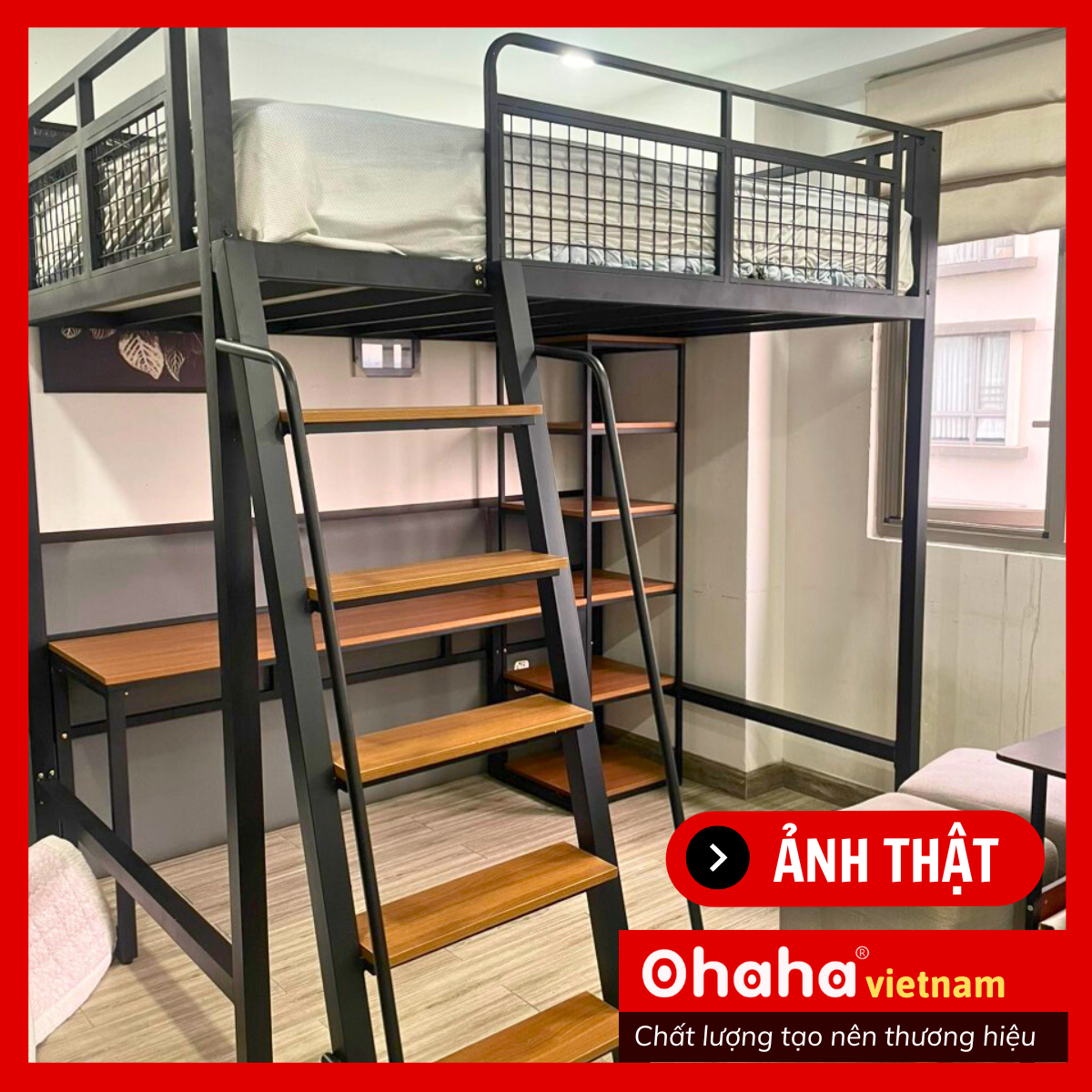 [Kèm Ảnh Thực Tế - Miễn phí vận chuyển &amp; Lắp đặt] GIƯỜNG TẦNG THÔNG MINH KHUNG SẮT CÓ BÀN HỌC OHAHA - GTS001