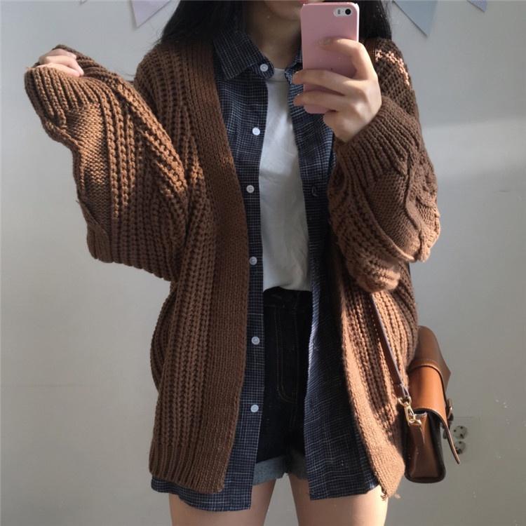 MS335 Áo khoác len cardigan dệt kim sợi to tay vặn thừng