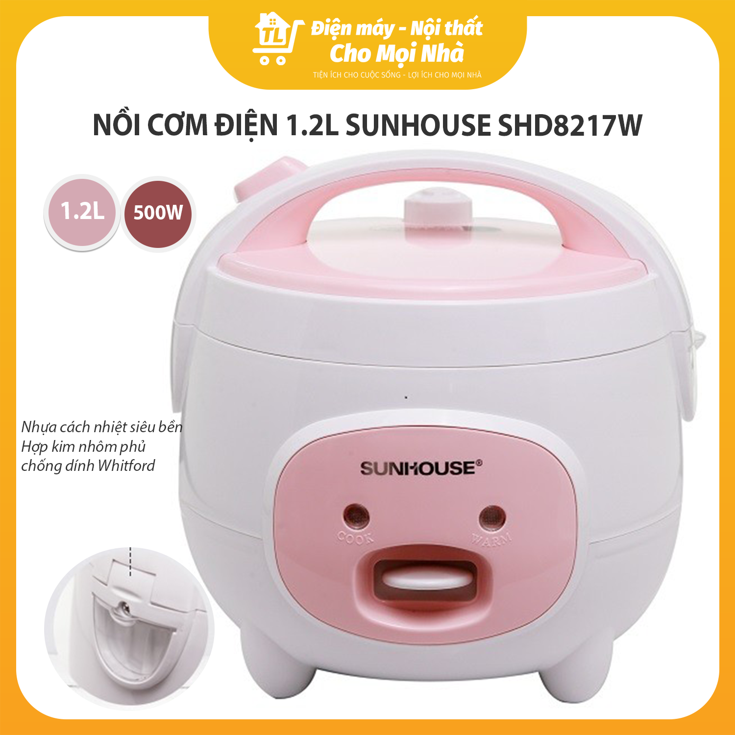 Nồi Cơm Điện Nắp Gài Sunhouse SHD8217W (1.2L) - Hàng chính hãng