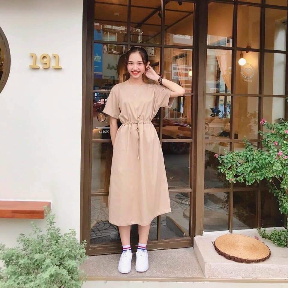 Đầm suông tay lỡ rút eo, váy suông dáng dài phom rộng 3 màu