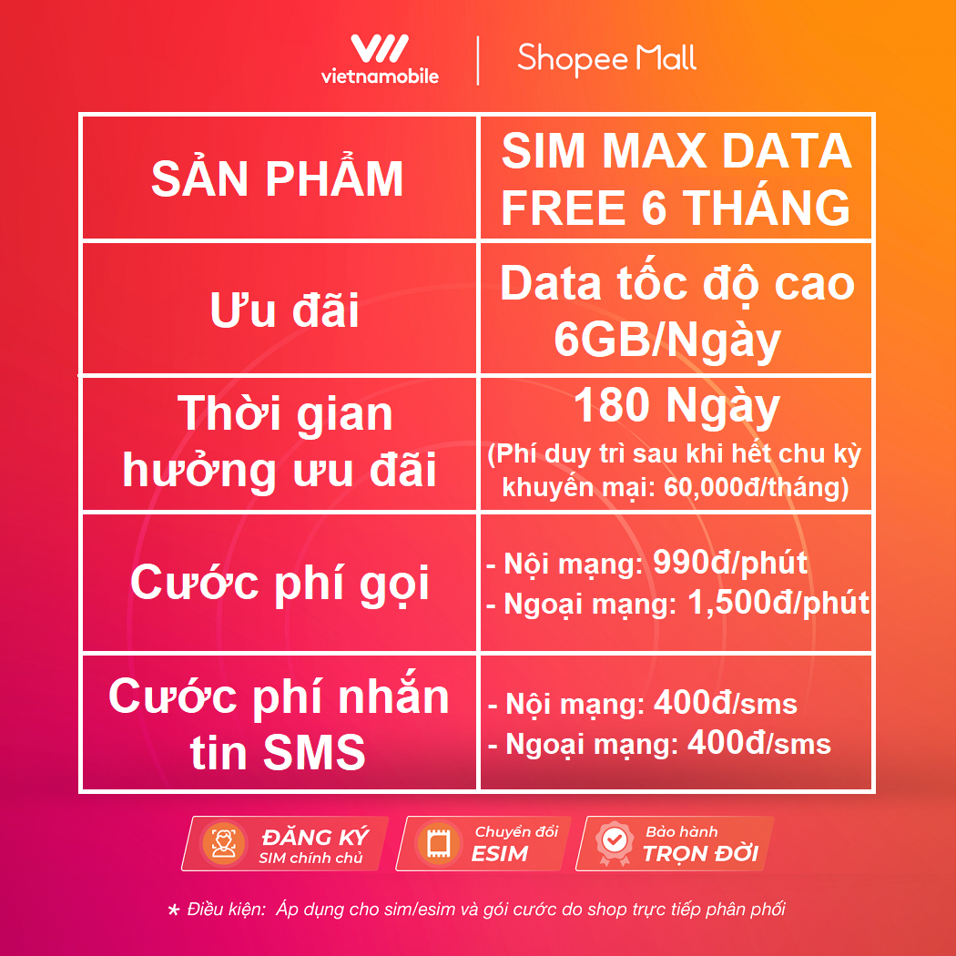 SIM MAX DATA 4G VIETNAMOBILE - 6GB/Ngày. Bắt Buộc Kích Hoạt Sim Qua App Của Nhà Mạng Để Dùng. Trọn Gói 6 Tháng Không Cần Nạp Tiền - Hàng Chính Hãng