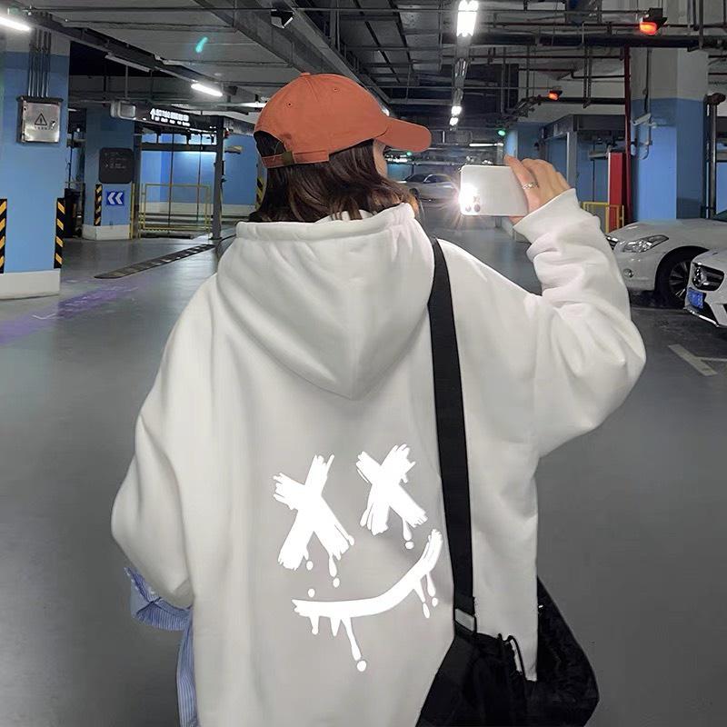 Áo hoodie mặt cười phản quang chất vải cotton thông hơi