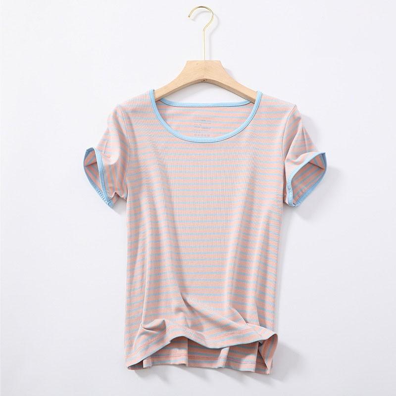 Sọc Tay Ngắn Nữ Quần Lót Sinh Nhiệt Áo Rời Mùa Hè Cổ Tròn Áo Thun Quần Lót L-XXL Loungewear Áo Khoác