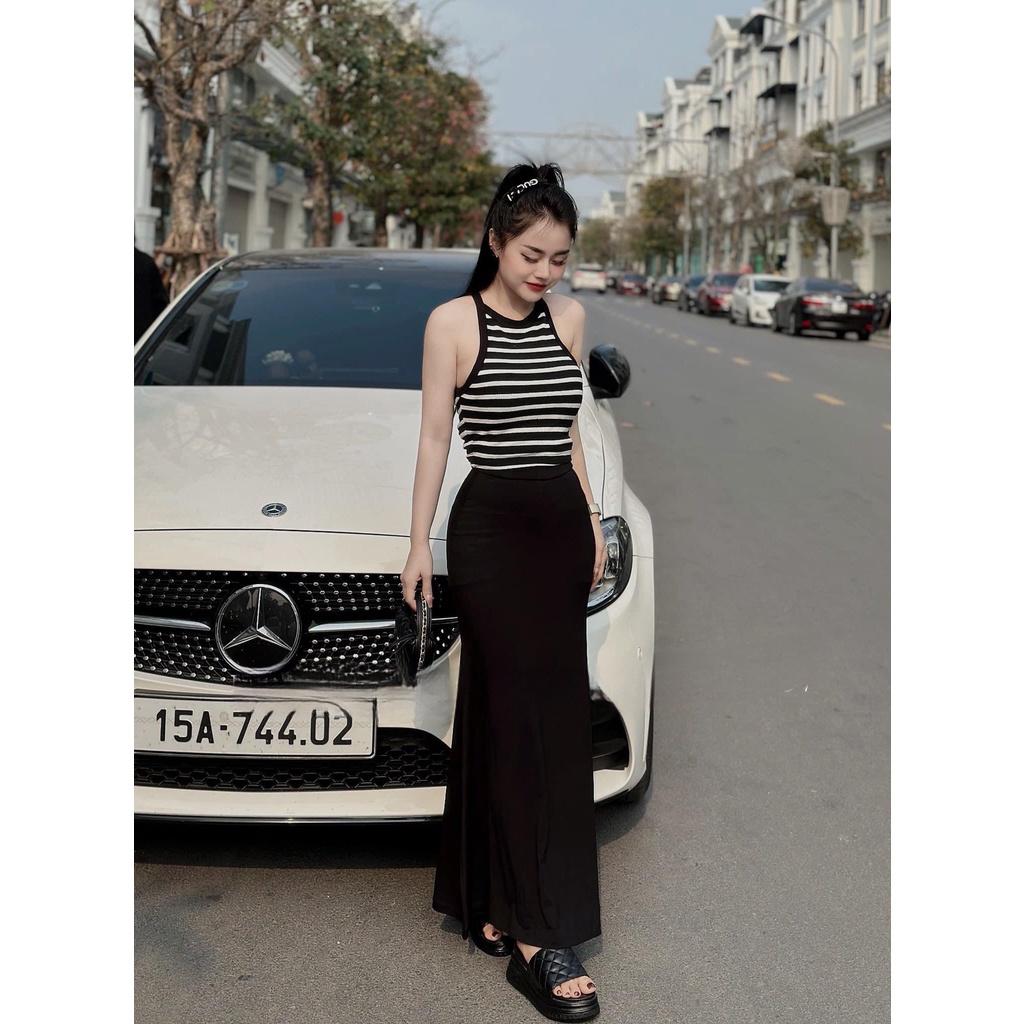 Bộ Áo Thun Kẻ 3 Lỗ Kèm Chân Váy Đuôi Cá Dáng Ôm Dài Cạp Cao