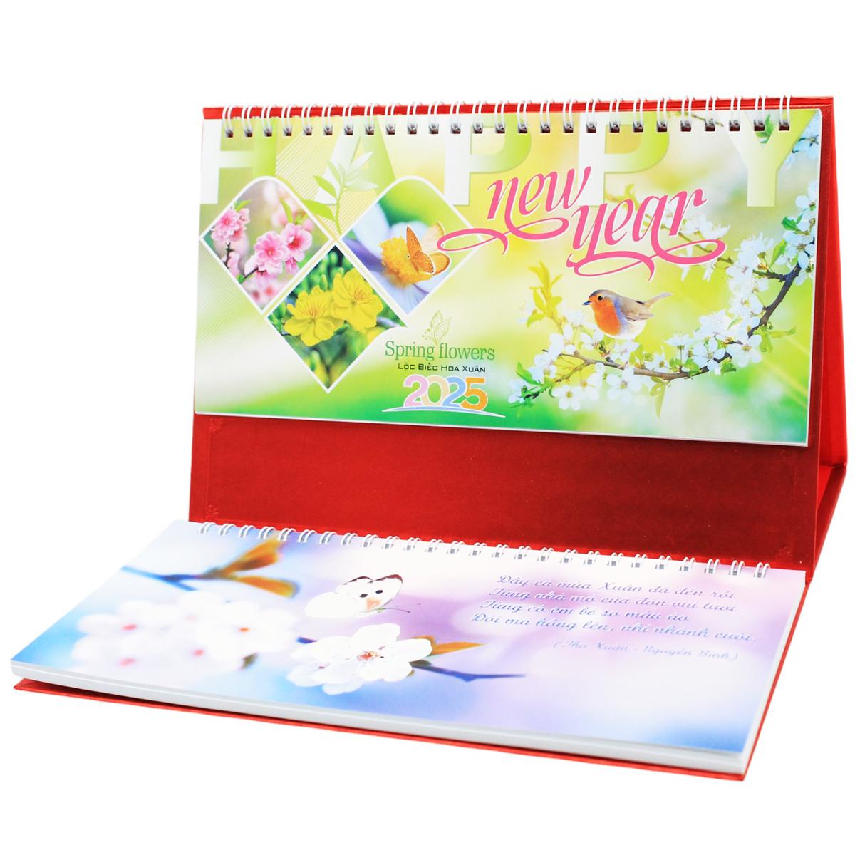 Lịch Bàn 2025 Có Note - Lộc Biếc Hoa Xuân - Văn Lang VL-LB16 - Đế Màu Đỏ
