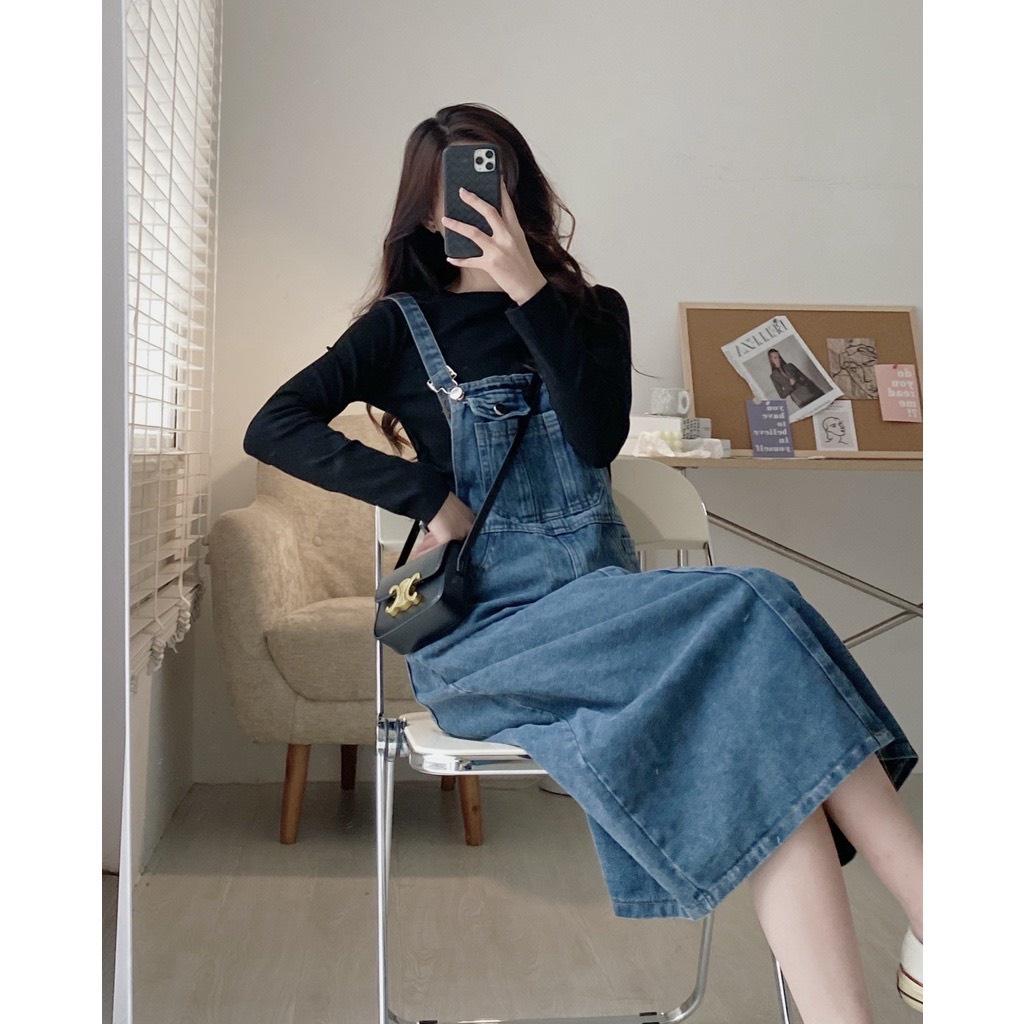Yếm jeans dáng dài EMIX, váy yếm freesize dưới 55kg, chất bò, có túi, phong cách hàn quốc