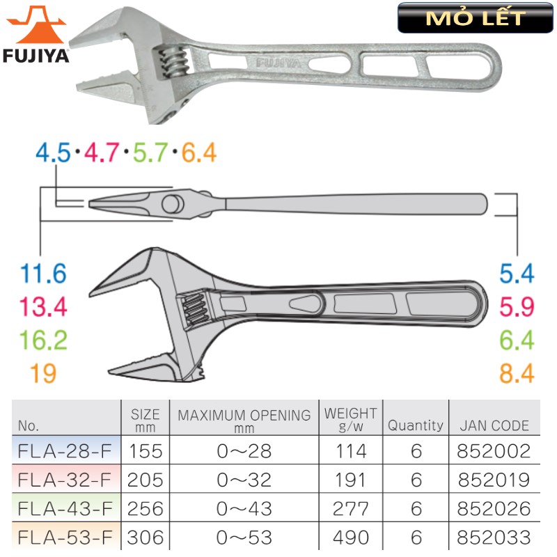 Mỏ lết điều chỉnh 8"/205mm Fujiya FLA-32 GENUINE- Made in Japan