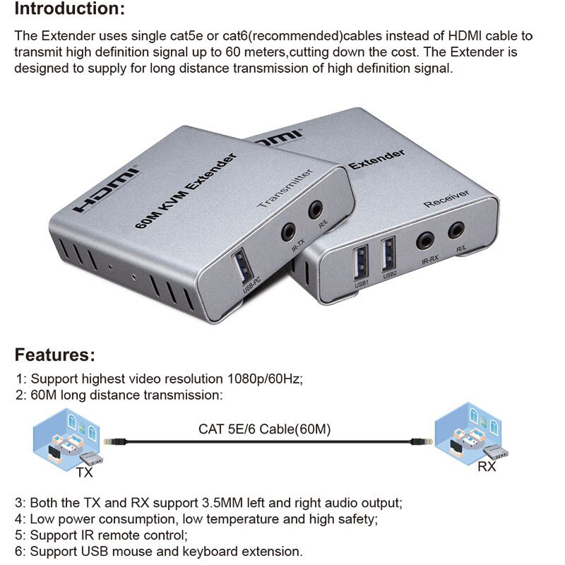 Bộ Khuếch Đại Tín Hiệu HDMI Qua LAN Kéo Dài 60 mét Độ Phân Giải 1080P - Tích Hợp Cổng USB Điều Khiển Chuột và Bàn Phím - Có Cổng Hồng Ngoại IR Điều Khiển TV
