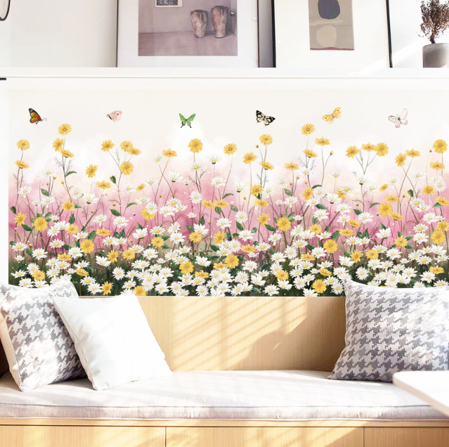 Decal trang trí tường - Chân tường hoa cúc trắng và vàng