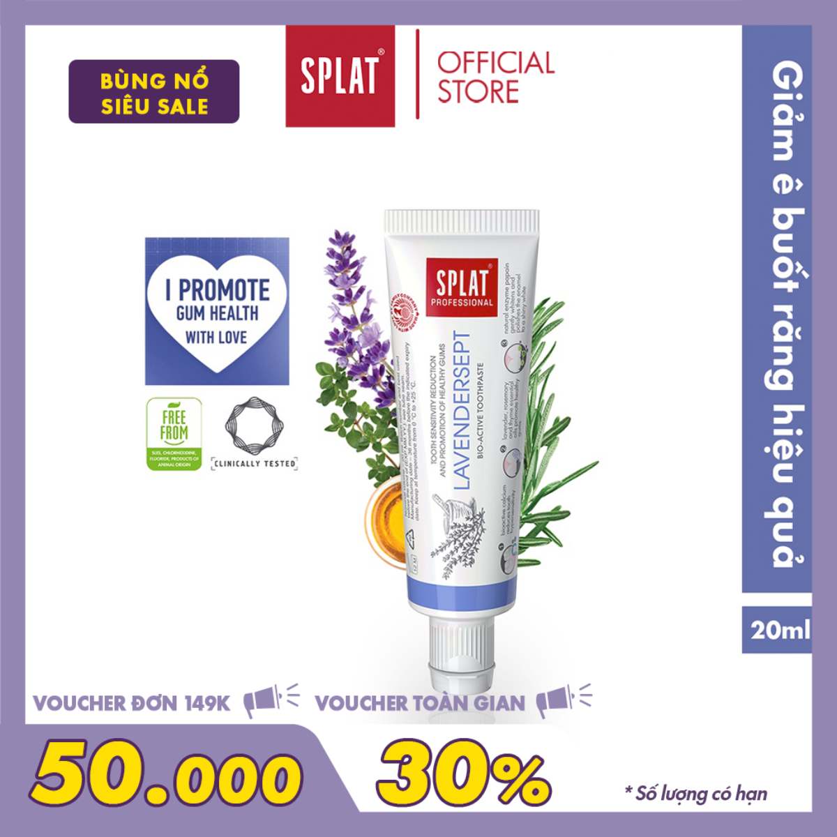 Kem Đánh Răng SPLAT Lavendersept Professional series Nhẹ Nhàng Làm Trắng Và Giảm Ê Buốt Răng Hiệu Quả Dung Tích 20ml