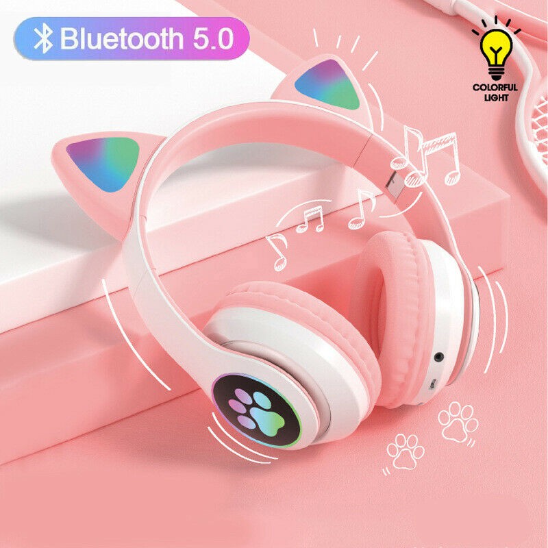 Tai Nghe Bluetooth Chụp Tai, Tai Nghe Tai Mèo Có Kèm LED Mẫu Mới- Pin 10h