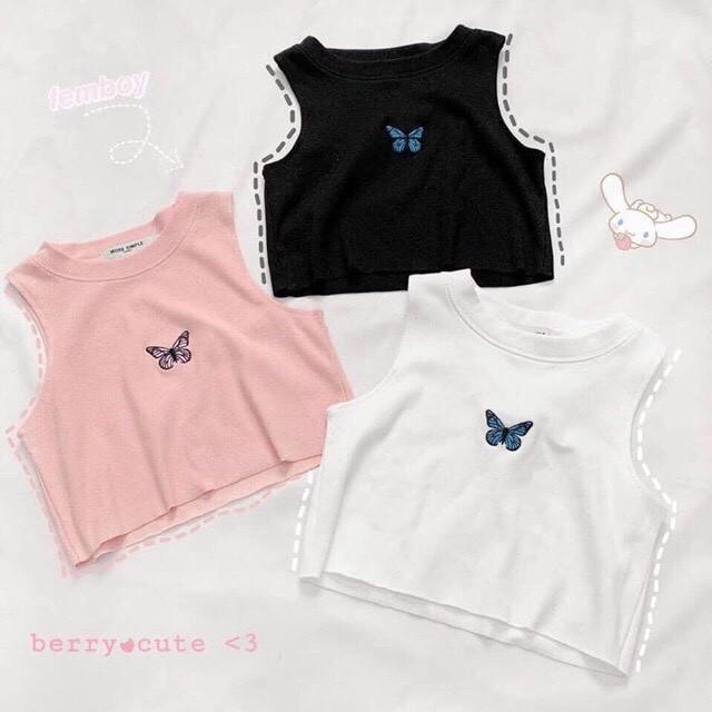 Áo Croptop Áo Ba Lỗ Nữ Thêu Bướm Xinh Xắn Chất Thun Cotton Mát Lịm