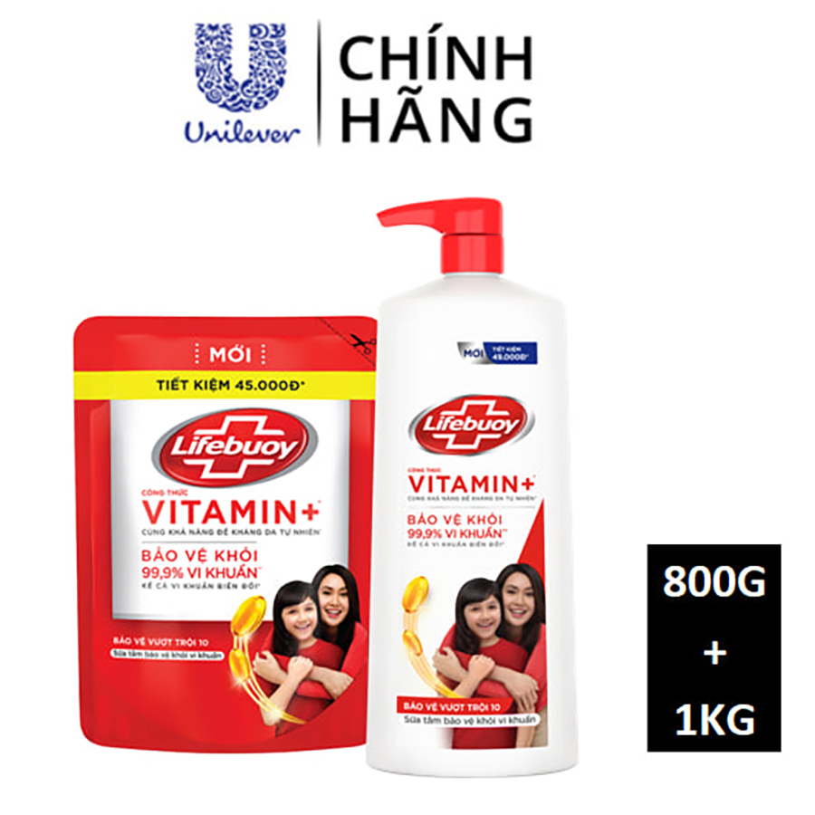 Combo Sữa Tắm Lifebuoy Sạch Khuẩn Bảo Vệ Khỏi 99.9% Vi Khuẩn Chứa Ion Bạc+ Hỗ Trợ Cùng Đề Kháng Da Tự Nhiên Chai 1KG + Túi 800G