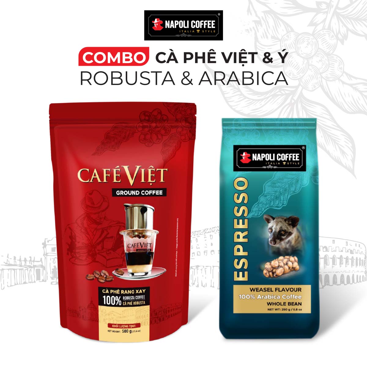 Combo Cà Phê Espresso (Túi 250g) và Cà Phê Việt (Túi 500g) - Napoli Coffee