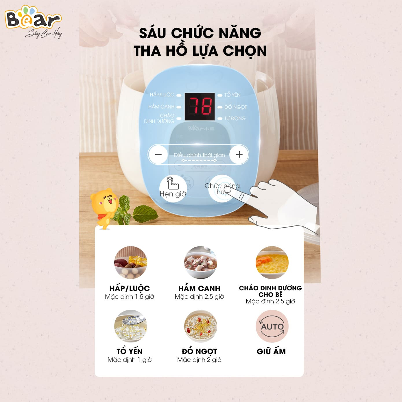 Nồi nấu chậm 0,8L Bear SUBE001 kèm lồng hấp, lõi sứ - Bản Quốc Tế, hàng chính hãng, bảo hành 18 tháng, lỗi 1 đổi 1