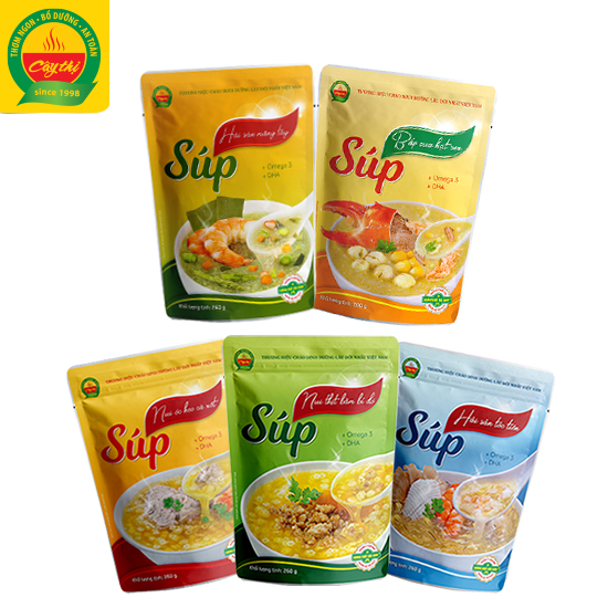 Combo 05 Gói Súp Dinh Dưỡng Cây Thị: Nui Thịt Bằm Bí Đỏ, Nui Óc Heo Cà Rốt, Hải Sản Tóc Tiên, Hải Sản Măng Tây, Bắp Cua Hạt Sen