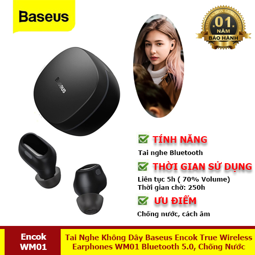 Tai Nghe Không Dây Encok True Wireless Earphones WM01 Bluetooth 5.0 Chống Nước - Hàng Chính Hãng Baseus