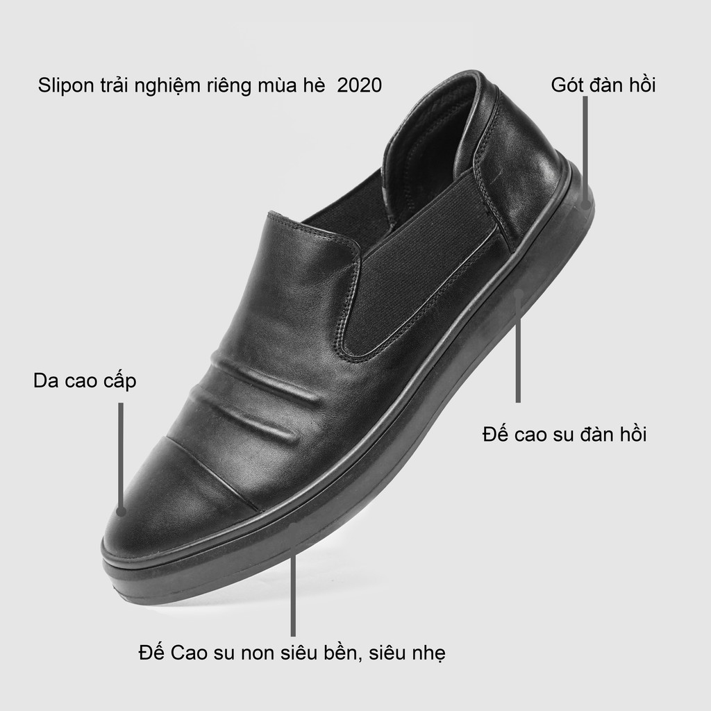 Giày mọi lười Slip on phối thun nam da bò nguyên tấm chống hôi chân, thoáng khi, em chân SHOES 2H size 38-43, Đen 2H-72