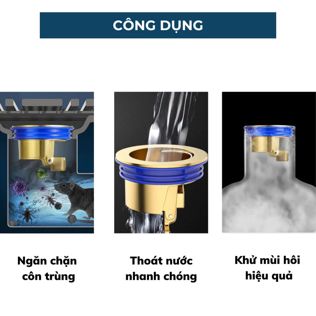 Phụ kiện ngăn mùi hôi nhà tắm lắp thoát sàn chống côn trùng bằng đồng kt 3.3cm đến 4.2cm