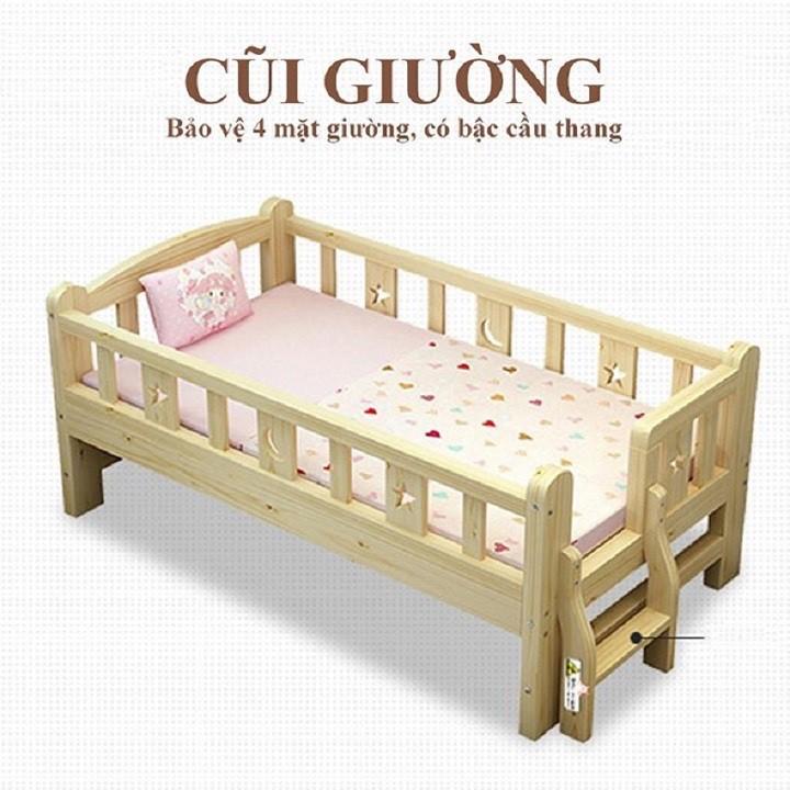 Giường gỗ, giường trẻ em quây 4 mặt có cầu thang size 128*60*40 chất liệu gỗ thông