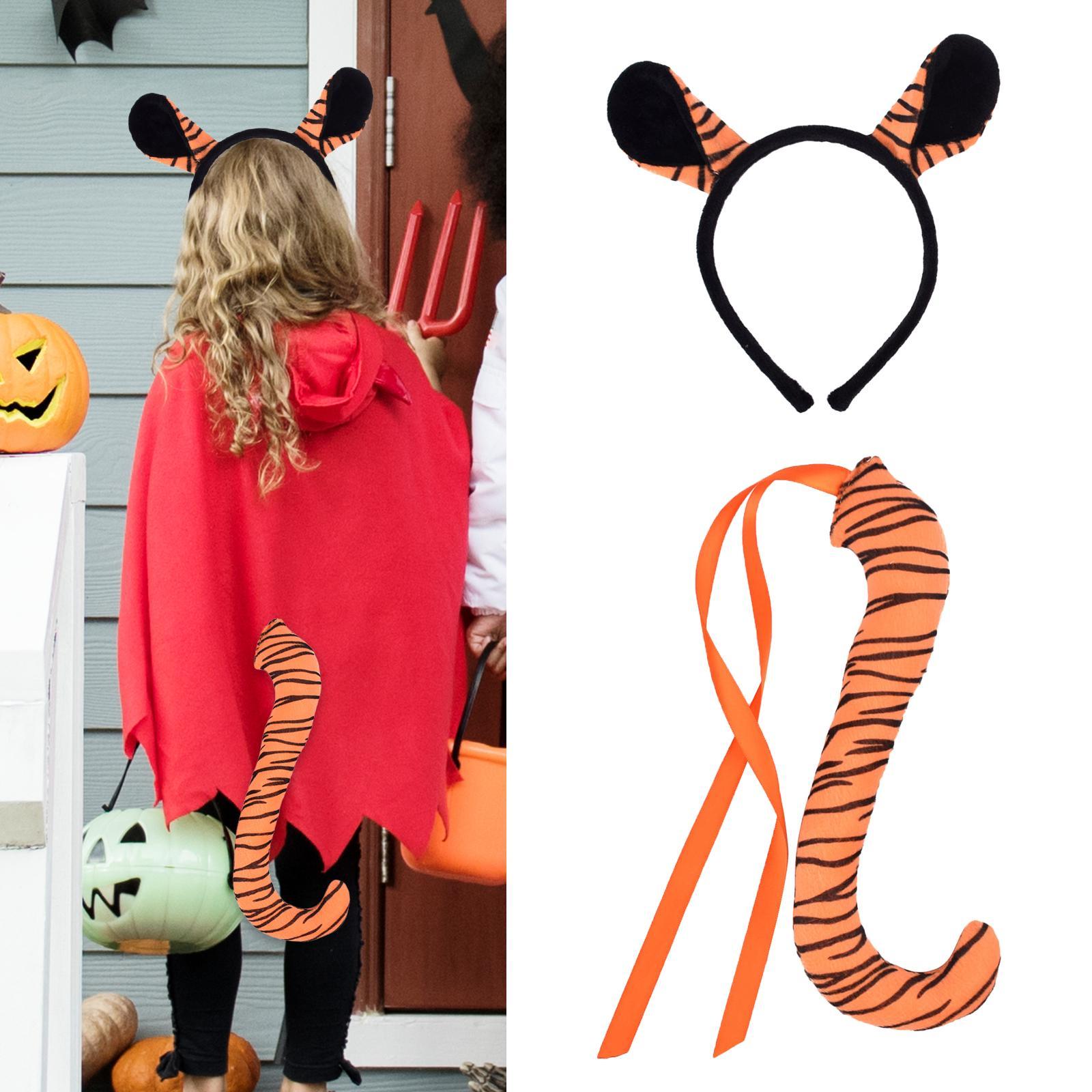 Tiger Ears and Tail Set Hoop Faux Cosplay Props Cow Ear Headband Ears Hair Clip for Prom Christmas Halloween Women
