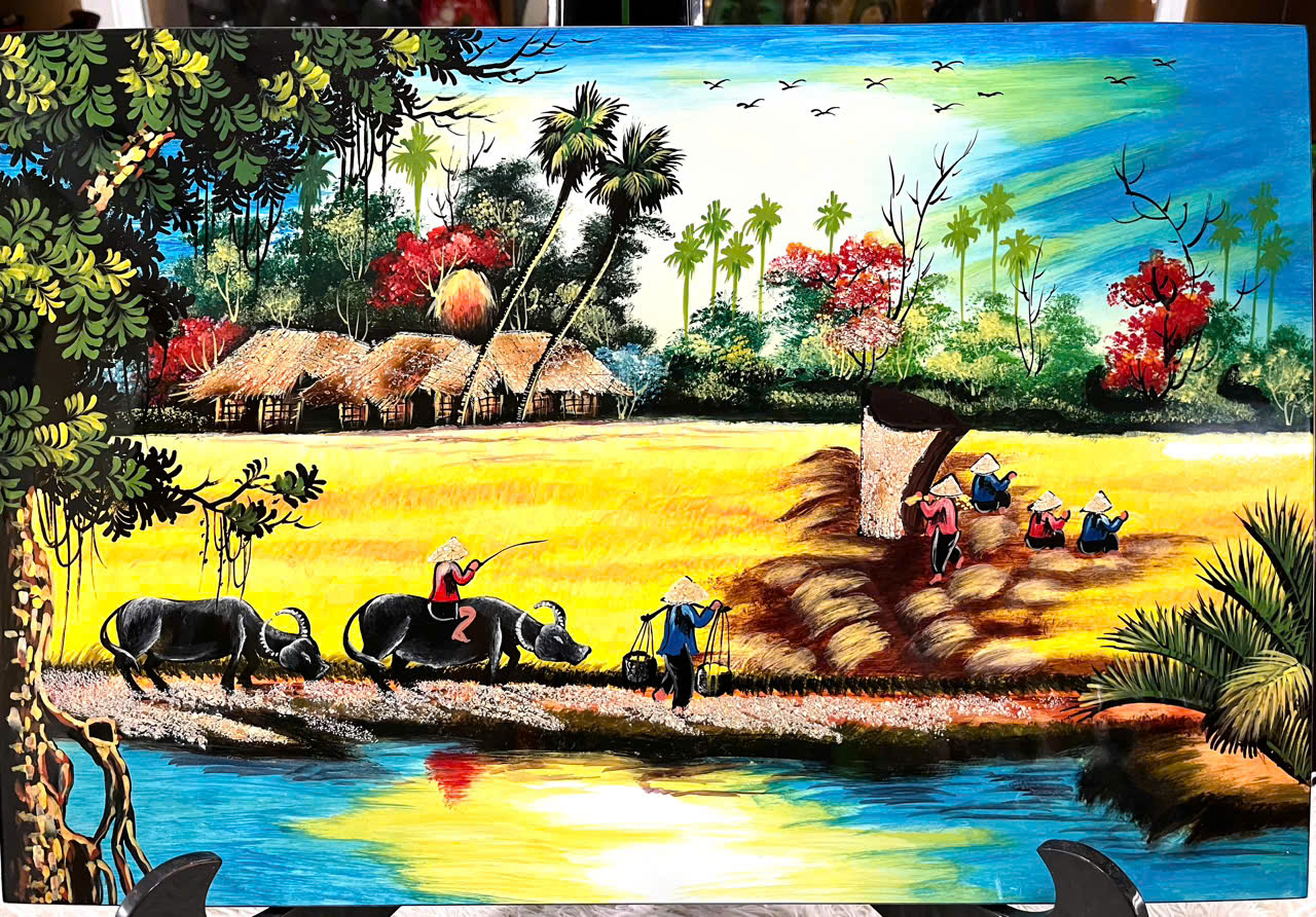 Tranh sơn mài đồng quê vẽ màu Thanh Bình Lê 40x60 cm