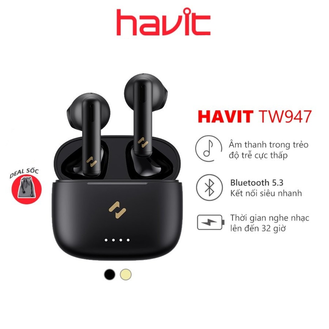 Tai Nghe Không Dây TWS HAVIT TW947 Bluetooth 5.3, Độ Trễ Cực Thấp, Thời Gian Nghe 32 Giờ - Hàng Chính Hãng