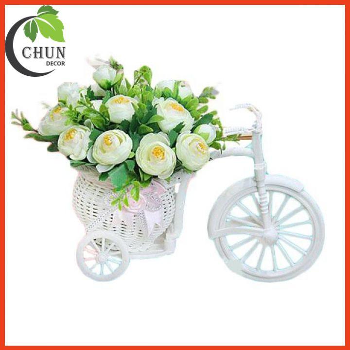 Hoa giả - Giỏ xe đạp hoa hồng Hungary nhiều màu cao 22cm để bàn,kệ tủ trang trí nhà cửa