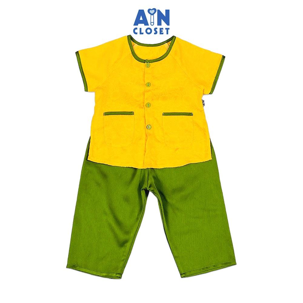 Bộ quần áo Bà Ba Dài tay ngắn bé gái họa tiết Hoa Cúc Vàng Xanh gấm lụa - AICDBGJNRGMT - AIN Closet