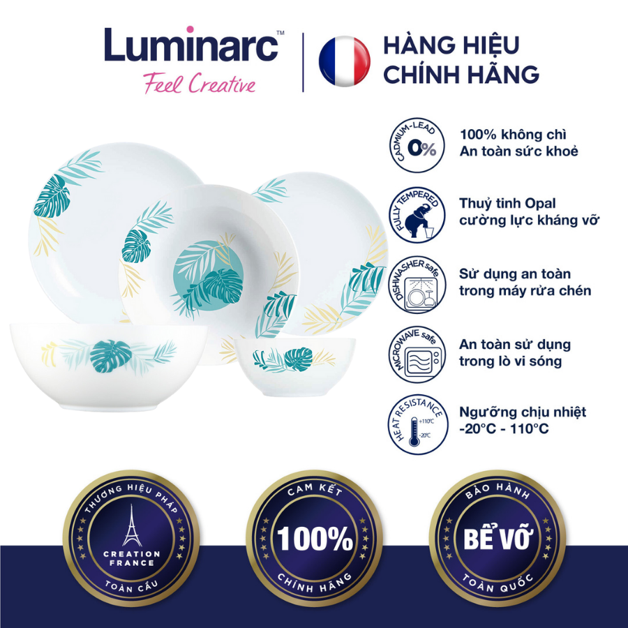 Bộ Bàn Ăn Tô Chén Đĩa Thuỷ Tinh Luminarc Diwali Hiwaii 9 món