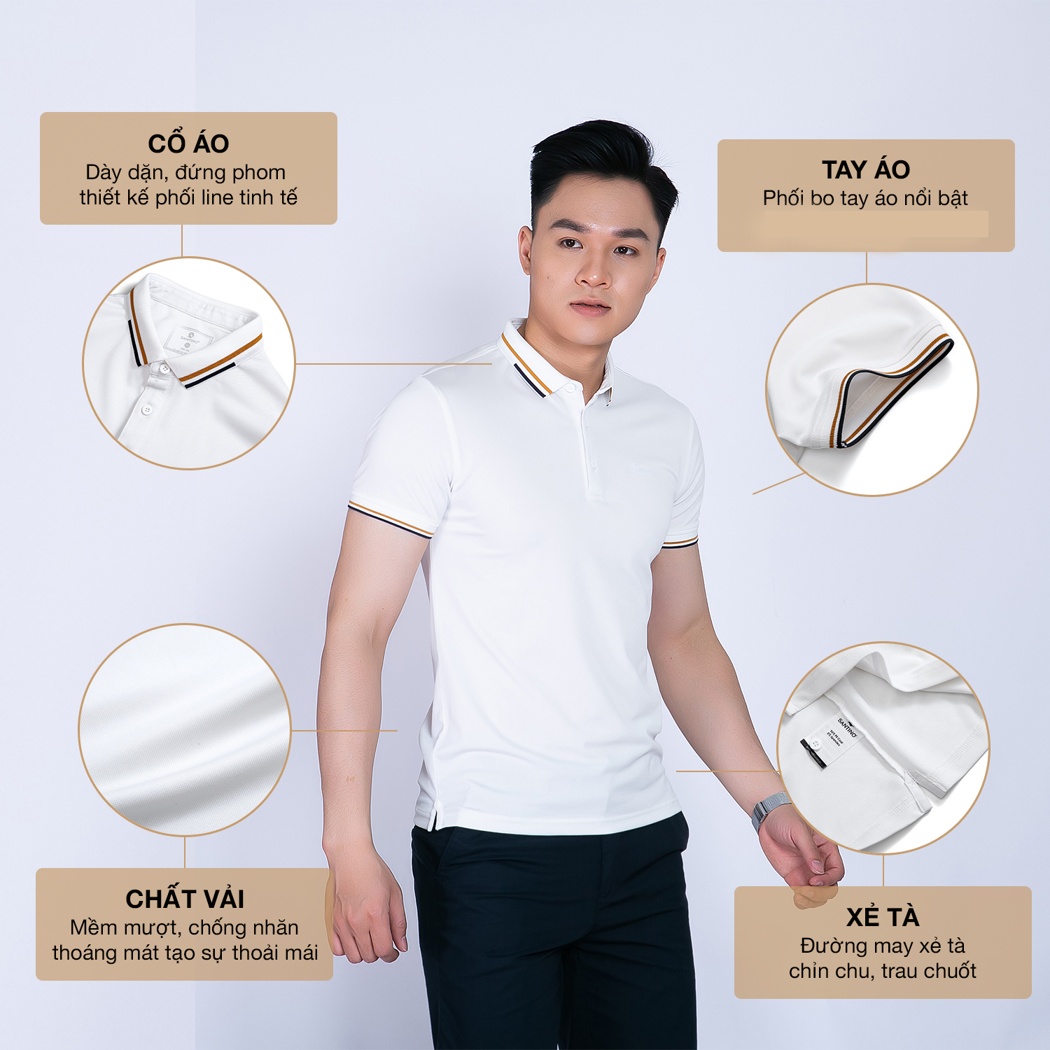 Áo POLO nam phối bo cổ vàng vải Cotton Cá Sấu, form chuẩn, sang trọng lịch sự SANTINO