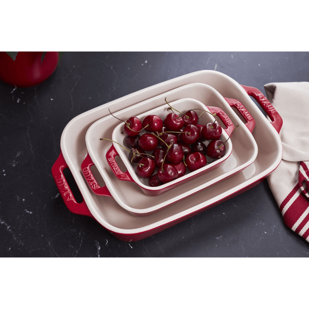 SET 3 KHAY GỐM CHỮ NHẬT BỎ LÒ STAUB MÀU ĐỎ