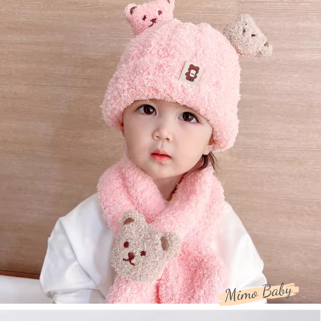 Set khăn mũ len đính gấu bông xù siêu đáng yêu cho bé ML250 Mimo Baby