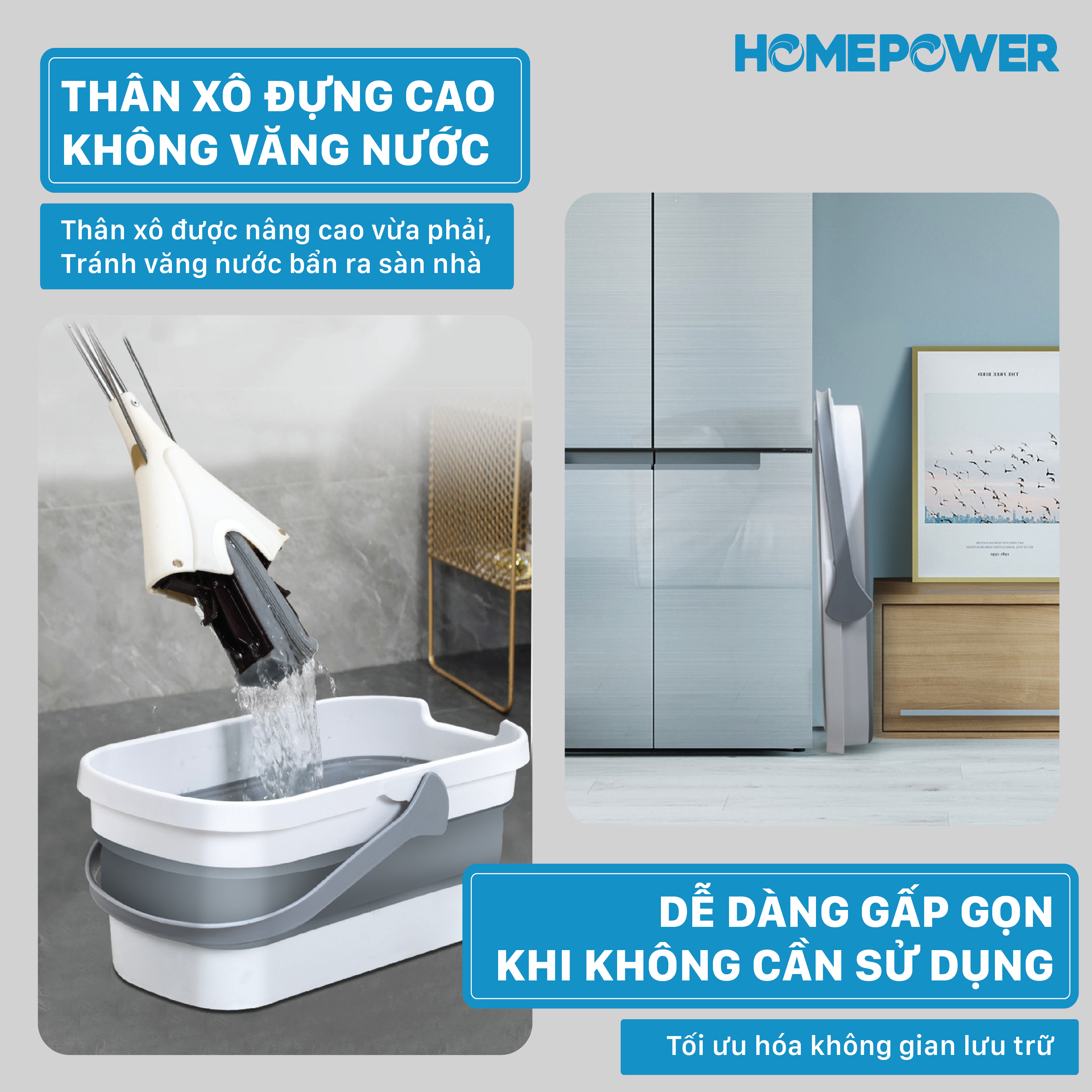 Xô nước gấp gọn Homepower rửa xe,lau nhà đa năng, dày dặn cỡ lớn 14Lit