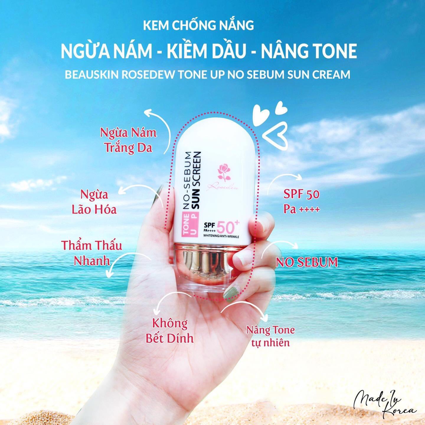 Kem chống nắng kiềm dầu nâng tone Beauskin Rosedew Hàn Quốc 55ml tặng kèm móc khóa