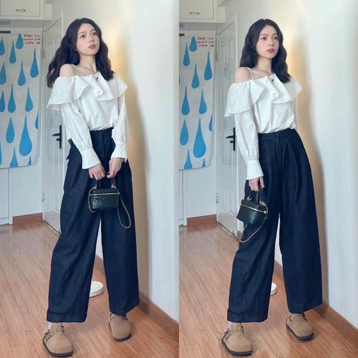 SET ÁO DÂY TRỄ VAI SƠ MI BÈO RỘNG TRẮNG + QUẦN DÀI ỐNG RỘNG LƯNG CAO SUÔNG ĐỨNG JEANS ĐI CHƠI DẠO PHỐ ĐI TIỆC ĐI BIỂN