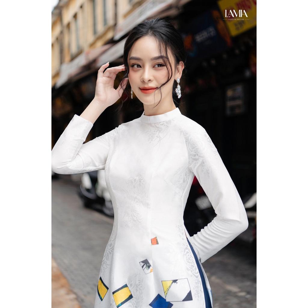 Áo Dài Trắng In Hình 3D Thiết Kế Vân Gỗ Đảm Bảo Chất Lượng Cao Cấp , Mã A24
