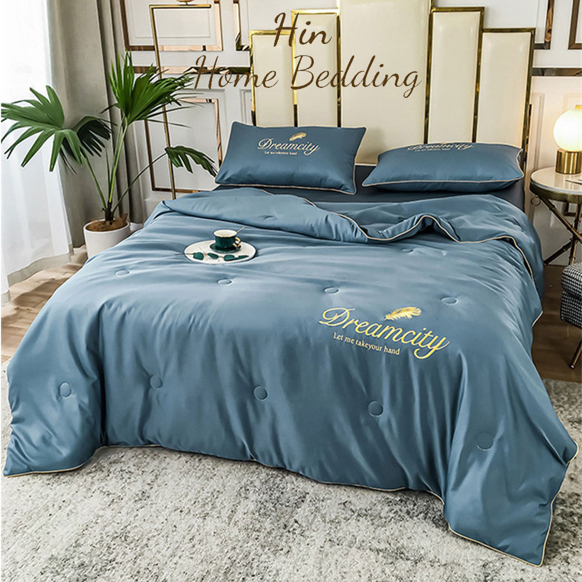 Bộ Chăn Ga Gối Đệm 5 Món Lụa Dream City Set Chăn Ga Drap Trải Giường Chăn Chần Bông Đẹp Hin Home Bedding M46