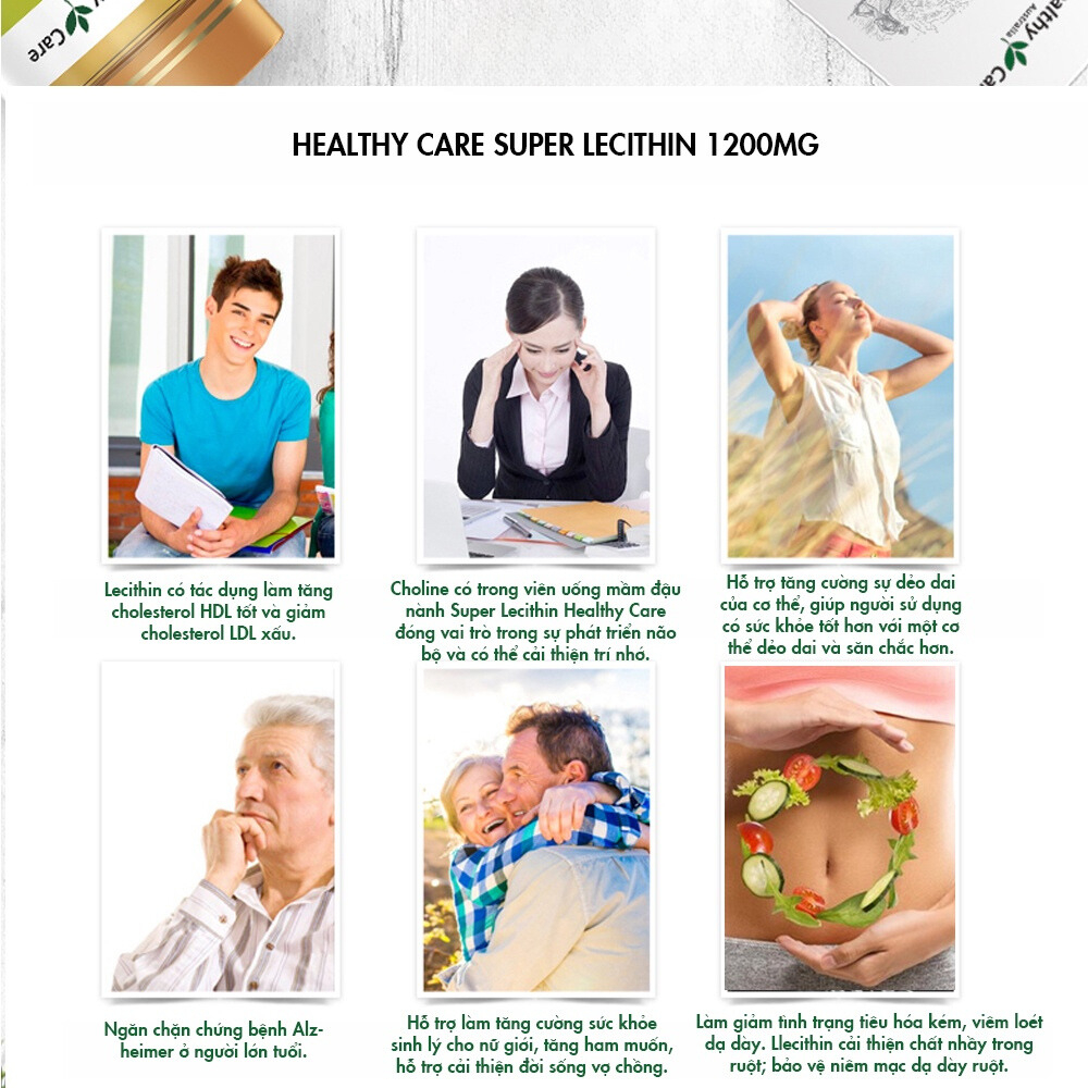 Mầm đậu nành Healthy Care Super Lecithin 100 viên của Úc