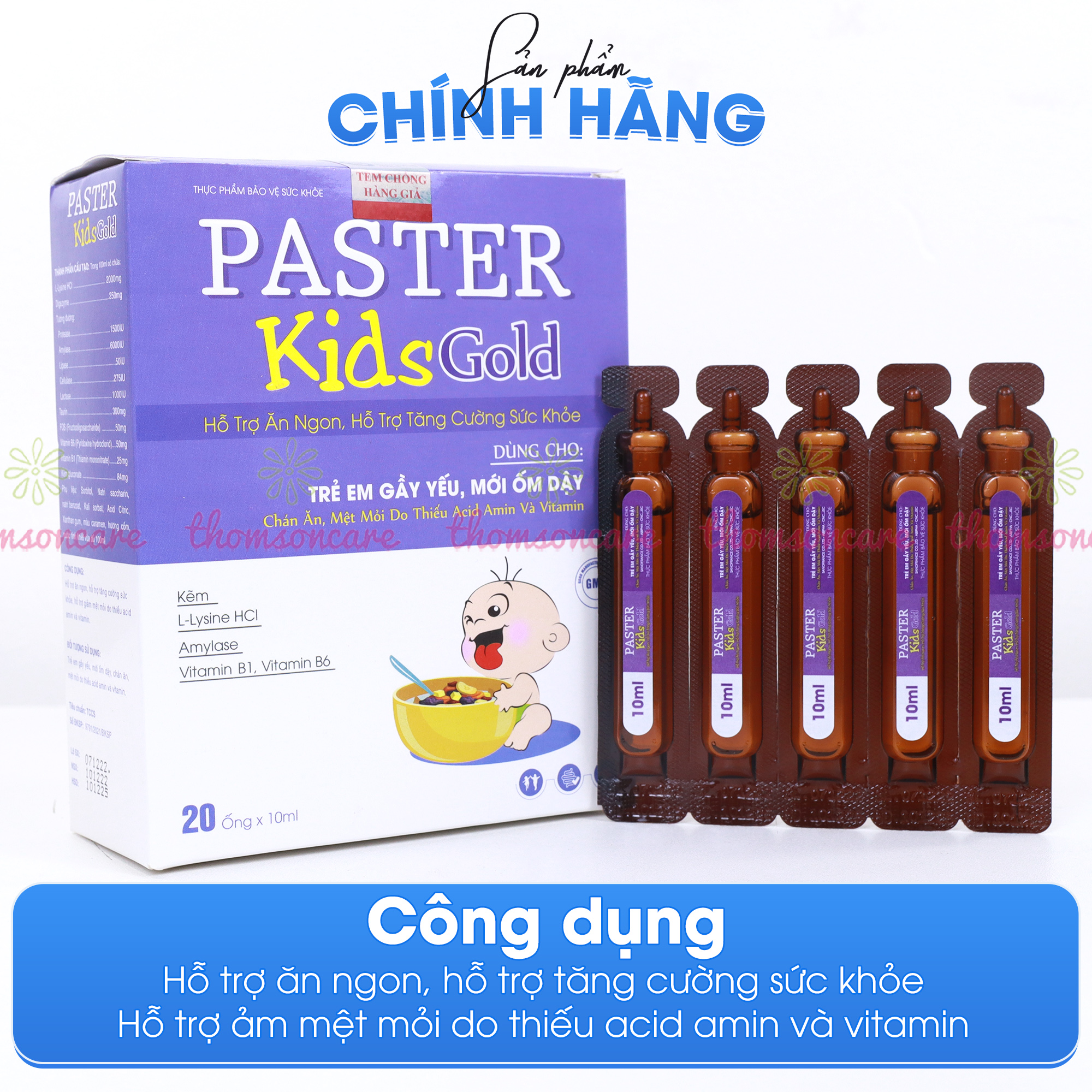 Siro ăn ngon Paster Kids Gold ống sanofia- Hỗ trợ tăng sức đề kháng, ăn ngon miệng, giảm rối loạn tiêu hóa - Hộp 20 ống x 10ml Thomsoncare